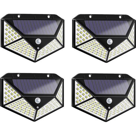 4 lampes solaires extérieures 100 LED, éclairage mural sans fil à 270° , solaires de jardin étanches à l'eau avec détecteur de mouvement avec 3 modes de détection, facile à installer,blanche froide (1/5)