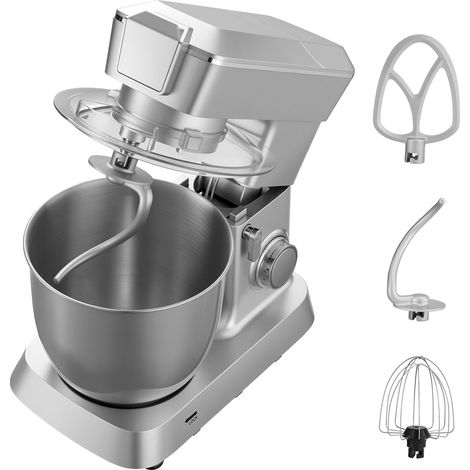 Batteur sur socle 4,3 L, 1300W, 6 vitesses + pulse, bol inox, crochet à pâte, fouet, batteur, avec blender 1,5 L, argenté. (1/5)
