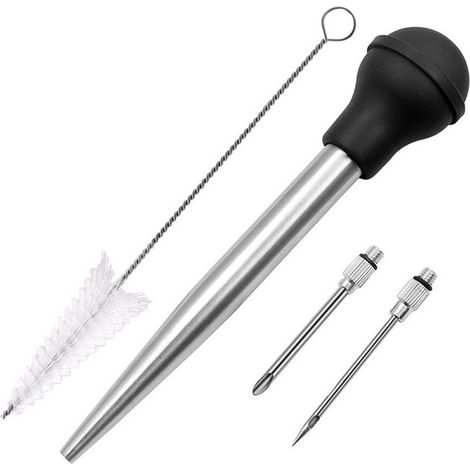 Tube aspiration huile argent acier inoxydable silicone 27×5,5×5,5cm seringue marinade viande dinde cuisine (1/4)