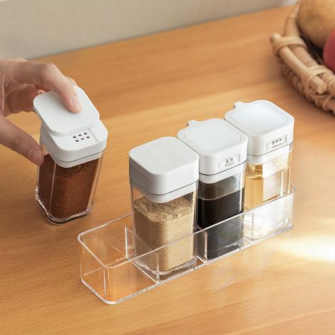 Contenant à épices compact et portable, flacon transparent pour condiments, idéal pour la cuisine et la maison (4 flacons). (1/5)