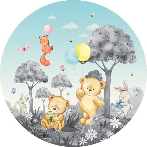 Papier peint intissé auto-adhésif rond animaux de la foret - ourson, lapin, renard en noir et blanc - 70 x 70 cm (1/5)