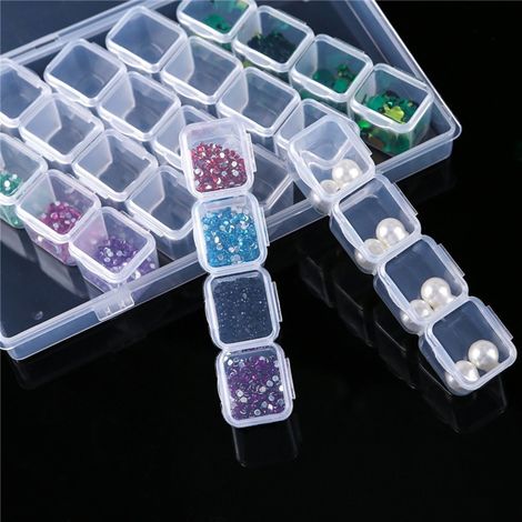 2 Stück verstellbare Aufbewahrungsboxen aus Kunststoff mit je 28 Fächern, transparent, für Nagelkunst, Perlenringe, Schmuck, Ohrringe (1/5)