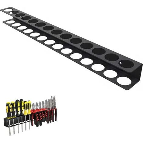 (Avec Vis et Tube D'expansion) Porte Outils Mural avec 14 Trous, Support Tournevis Noir, Acier au Carbone Rangement Outils Mural, pour Tournevis