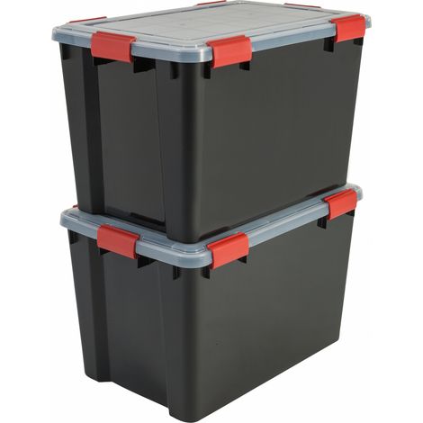 Iris Ohyama, Scatole Portaoggetti Ermetiche in Plastica, 70L, Set di 2, Nero, Coperchio Impermeabile, con Chiusura, Impilabile, Per Esterni, Garage, Vestiti, Antipolvere, Senza BPA, AT-LD