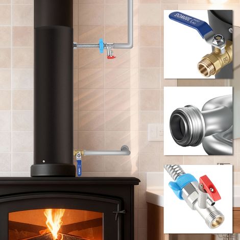 Randaco Tubo camino Ø15 con serpentina in acciaio inox altezza 52,5 cm set completo con rubinetto a sfera Efficiente scambiatore di calore per acqua calda e supporto al riscaldamento (1/5)