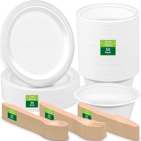 vaisselle carton jetable solide blanc pour anniversaire mariage, ensemble assiettes en papier rigide et bols jetables de noël bapteme, service de table complet 250 pièces fête 50 personnes (1/5)
