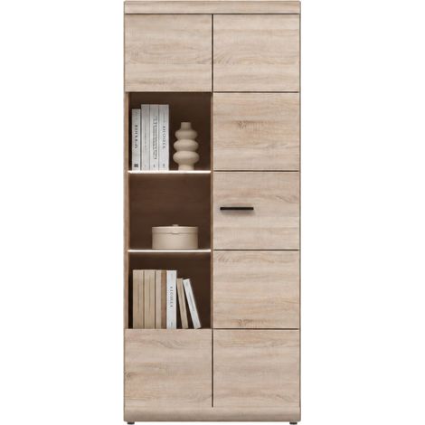 Vetrina Ladara, Mobile Espositore 8 Ripiani, 2 Ante, con led Angoli Arrotondati, 80x37x194h cm Marrone Rovere