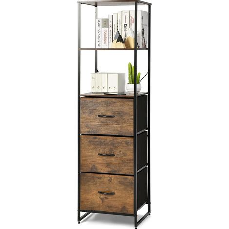 COSTWAY Libreria Multifunzionale, con 3 Ripiani Aperti e 3 Cassetti in Tessuto, con Struttura in Acciaio e Dispositivo Antiribaltamento, Libreria per Soggiorno Studio Camera da Letto, 43x39x156cm (1/5)