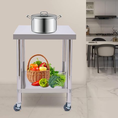 Plan de Travail Cuisine à 2 Niveaux avec 4 Roues Universelle Table de Travail Max.capacité 300kg Table INOX Professionnel for Cuisines, Hôtels, Boulangeries, Cabinets Médicaux, 60x60x85cm (1/5)