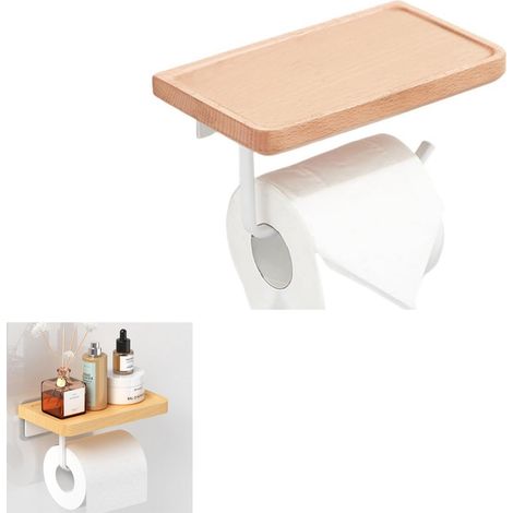 Porte-papier toilette mural en bois de hêtre avec étagère, fixation autocollante, 20 cm, Naturel