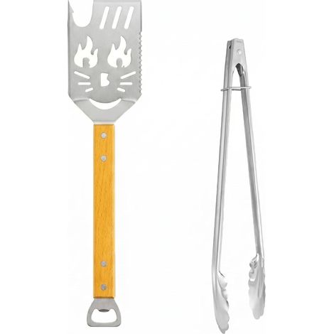 Ustensiles Barbecue, Kit Barbecue Acier Inoxydable, Pince et Spatule Bois, Accessoires Barbecue Party, 2 Pièces (1/5)