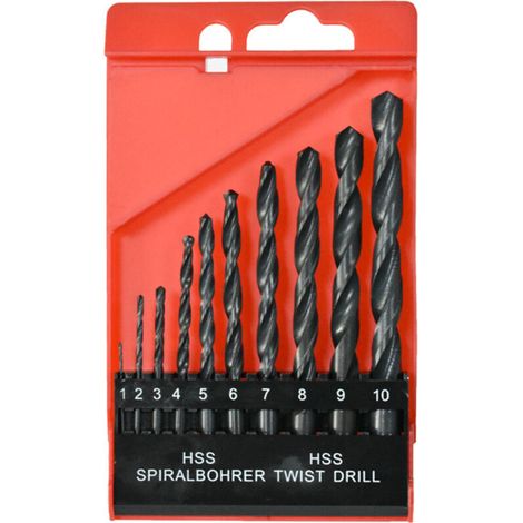 Juego de 10 brocas de 1 a 10 mm, incluye brocas espirales para madera y un estuche resistente. Herramientas de carpintería para madera dura o blanda (negras). (1/3)
