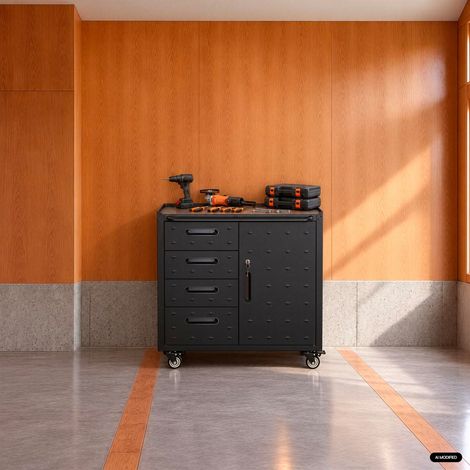 Sweeek – Meuble bas de rangement garage 4 tiroirs – Plateau établi sur roulettes – Acier laminé à froid – Capacité 132L – Dimensions H 88 x L 75 x P 49.5 cm