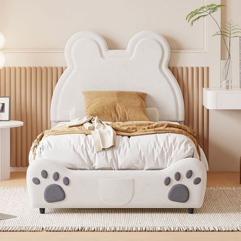 Lit enfant 90x200 - SOGEU - Lit capitonné Ours - Tissu velours - Blanc - Sommier à lattes inclus (1/5)
