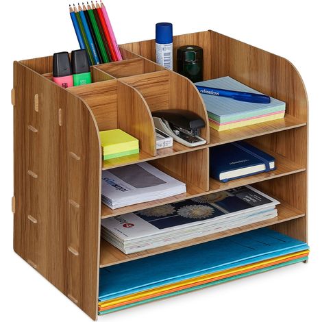Relaxdays Organiseur bureau étagères documents, 10 compartiments, HxLxP: 27,5 x 32,5 x 25 cm, Rangement, marron foncé