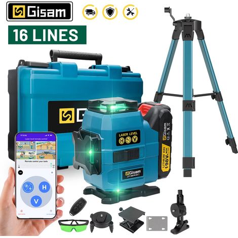 Niveau laser 4D à 16 lignes, laser professionnel vertical et horizontal à 360°, faisceau vert ultra-puissant (sans pile).