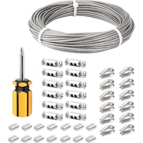 Câble en acier inoxydable 3mm revêtu PVC 50m  Résistant à l'abrasion et à la corrosion  Manchons et cosses inclus  Pour gardecorps et treillis