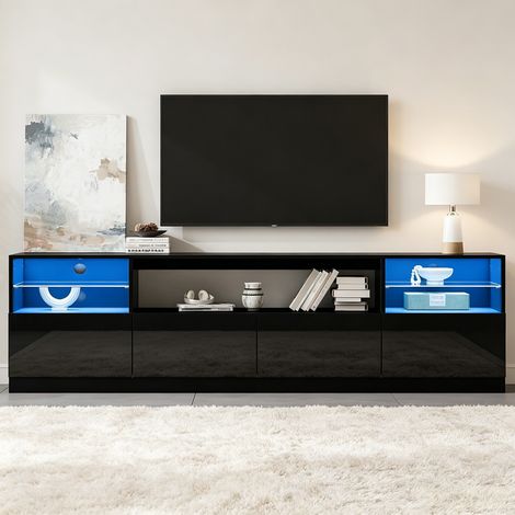Meuble TV LED - Rangement, Brillant - 180x35x60 cm - Panneau particules, Verre trempé - Noir brillant (1/5)