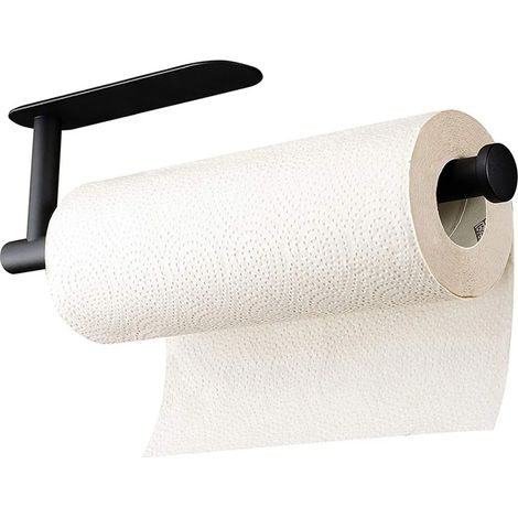 Porte-serviettes en papier mural adhésif, sans perçage ni support, étagère de rangement pour rouleau en acier inoxydable noir, fixation autocollante pour cuisine, organisateur compact. (1/5)