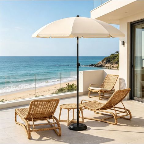 Ombrellone da spiaggia pieghevole φ155xH142-192 cm, inclinazione 35°, altezza regolabile, in metallo e poliestere beige (1/5)