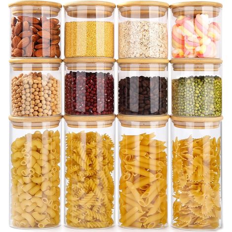 Set di 12 barattoli in vetro, 650 ml/300 ml - Barattoli in vetro con coperchio in bambù - Barattoli per alimenti da cucina - Contenitori ermetici per pasta, cereali, legumi, spezie (1/5)