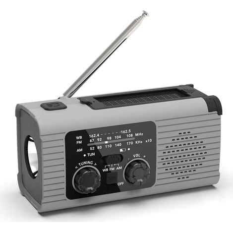 Radio de emergencia multifunción AM/FM con manivela/Radio de emergencia solar con manivela, alarma SOS, 4000 mAh, color gris (1/5)