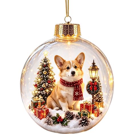 Boule à neige lumineuse en acrylique transparent, décoration de Noël à suspendre au sapin, avec un adorable corgi en dessin animé. (1/5)