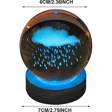 Boule Cristal Nuage Pluie 6cm Lampe LED Socle Bois 7cm Luminaire Décoratif Multicolore USB Veilleuse Ambiance Douce Design Moderne (1/5)