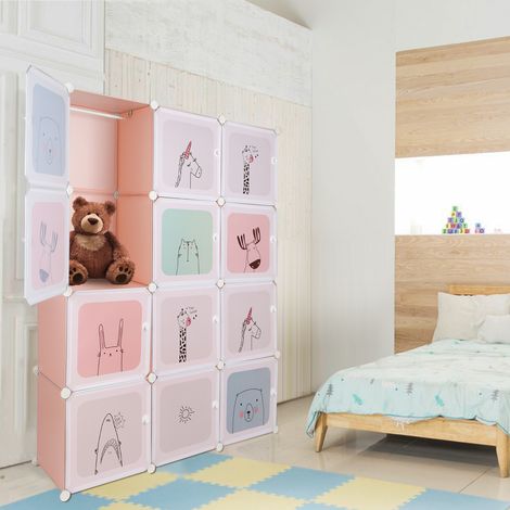 Kleiderschrank aus 12 Würfeln, Kleiderschrank aus Kunststoff，Modulare Schrank Garderobenschrank Steckregalsystem Kunststoffschrank mit Türen & 2 Aufhängern, Rosa