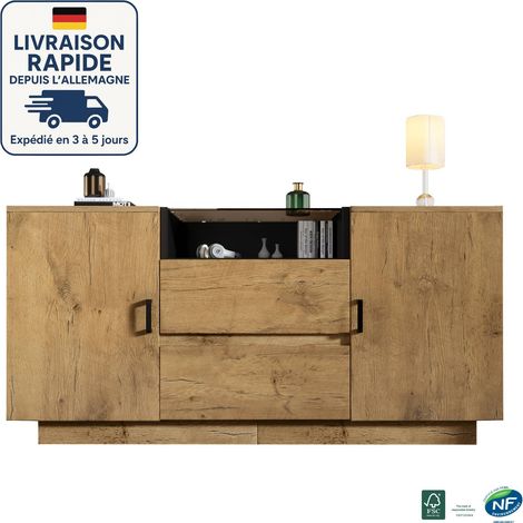 Credenza 140cm - Cassettiera effetto rovere con 2 cassetti + 2 vani (regolabili in altezza interna) e vani a giorno - Vetro ESG e maniglie nere (1/5)