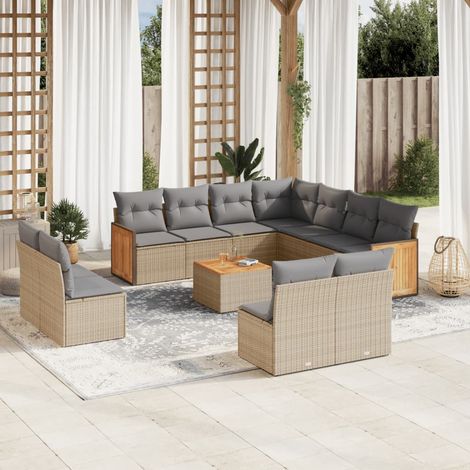 Ensemble de jardin 12 places en résine tressée beige avec coussins et table en acacia, modulaire (1/5)