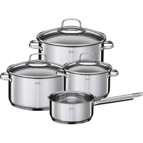 Batterie de Cuisine Inox - 3 Faitouts, 1 Casserole à Queue et Couvercles en Verre - Idéal pour les Pâtes, le Riz et les Soupes - Acier inoxydable 18/10 - Compatible avec l'Induction (1/5)
