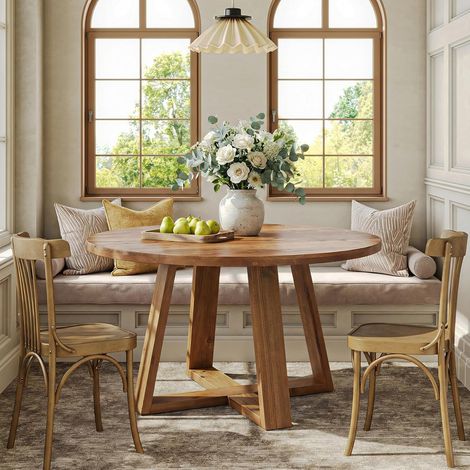 Tavolo da pranzo rotondo 120 cm, tavolo da cucina in legno massello stile rustico per 4 persone, tavolo rotondo rustico con struttura robusta per sala da pranzo e cucina, superficie calda in (1/5)