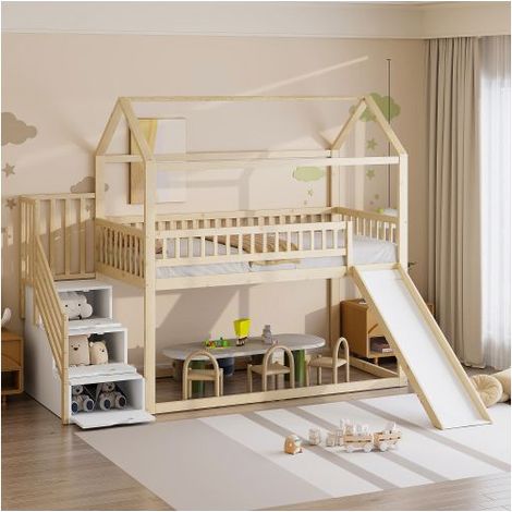 Lit mezzanine 90x200cm avec toboggan et escalier de rangement lit cabane enfant en bois massif naturel, barrière et sommier inclus
