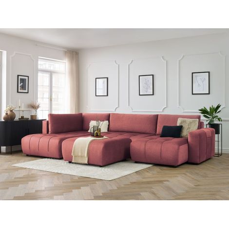 Bobochic – Canapé panoramique convertible coffre ARSENE – Tissu velours orange – 6 places – Avec pouf et rangement – Confort optimal (1/5)