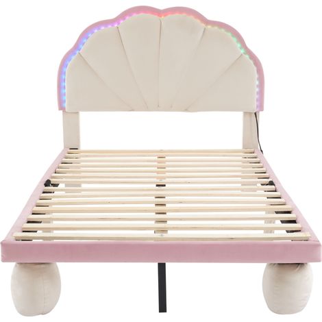 Cama Infantil 90 x 200 cm de Terciopelo con LED Ajustable, Patas de Cama con Deslizadores, sin Colchón, Rosa y Blanco (1/5)