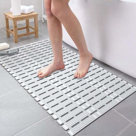 Tapis de Baignoire Antidérapant 90x40cm Tapis de -DOUche avec Ventouse Puissante, TPE Tapis de Bain Résistant aux Moisissures, sans BPA & Latex, Lavable en Machine (Gris-Blanc)-DOU