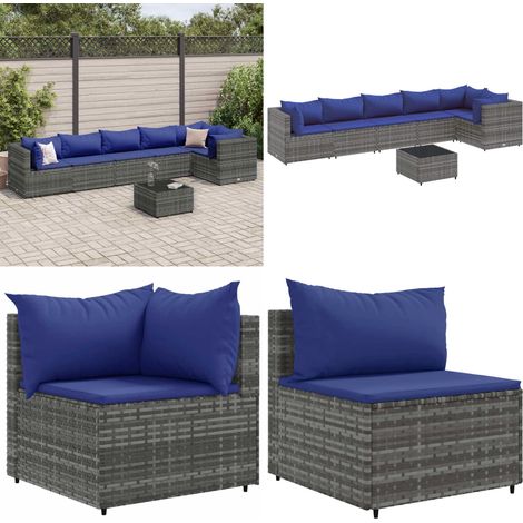 Salon de jardin 7 pcs avec coussins Gris Résine tressée - Salon De Jardin - Meuble De Jardin - Set De Salon - Résine Tressée - Rotin Synthétique - Home & Living