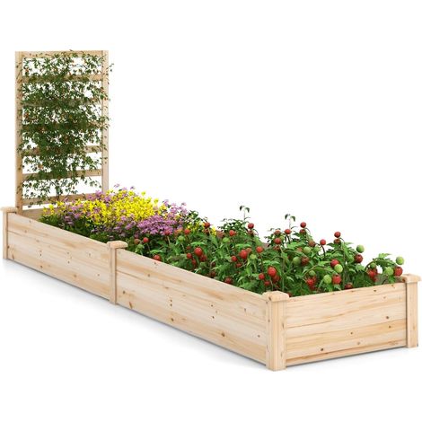 GOPLUS Jardinière Surélevée avec 1 Treillis, Bac à Fleurs Extérieur en Bois avec Compartiments Divisés, Assemblage DIY (1/4)