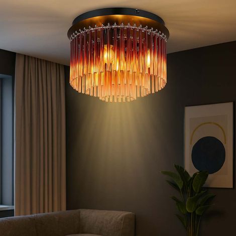 Plafoniera Lampada da soffitto 5 fiamme rosse Lampada da soggiorno Aste di vetro, metallo nero cromato, 5x prese E14, DxH 32x23 cm
