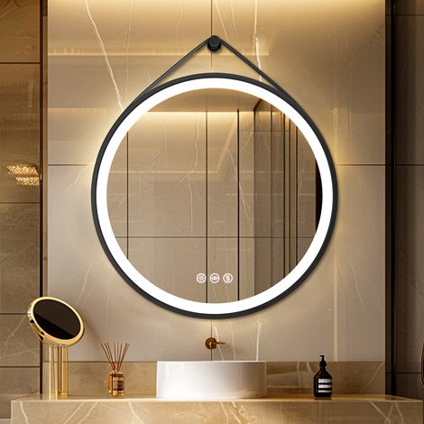 Round Black Framed Bathroom Mirrors with Microfiber Leather Hanging Strap - 80cm (1/5)