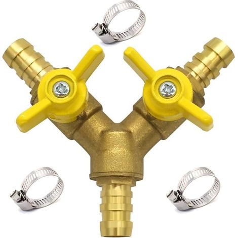 Vanne d'arrêt 3 voies en laiton avec raccord de tuyau 3/8" et joint à rotule, 2 colliers de serrage en acier inoxydable pour eau, carburant et air. - AquaForge (1/4)