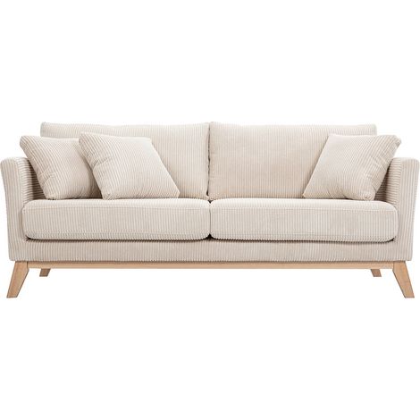 Divano sfoderabile in stile scandinavo 3 posti velluto a coste beige con piedini in legno OSLO