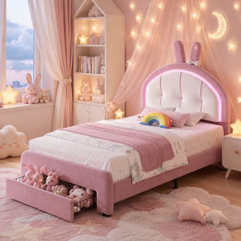 Lit enfant fille 90 x 200 cm avec 1tiroir, lit simple en velours rose, tête de lit lapin avec LED, sommier à lattes, sans matelas (1/5)