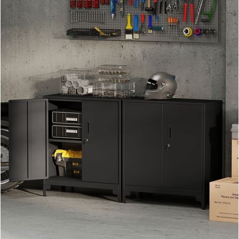 Meuble de rangement de bureau en métal, 2 niveaux, portes verrouillables, noir HAVRYA (1/5)