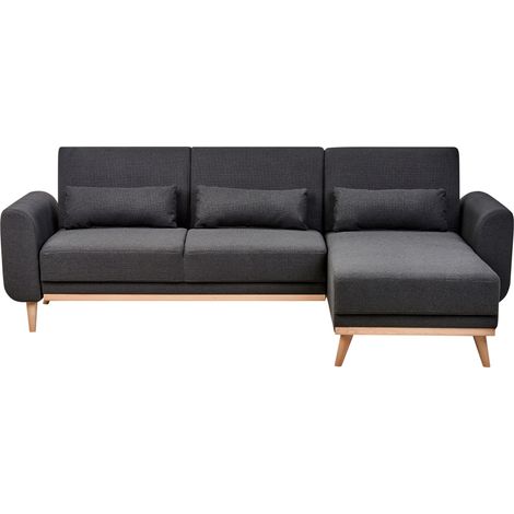 Sofá cama esquinero moderno tapizado de poliéster patas de madera clara cojines adicionales izquierdo negro Ollsta