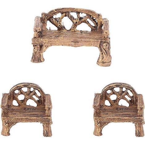 Lot de 3 mini meubles de jardin en résine, ornements artisanaux, mini bancs et chaises décoratives-5.00X3.00X3.00CM-Brown