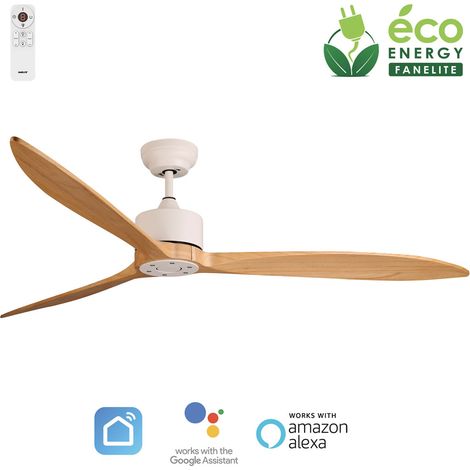 Fanelite - Ventilateur de plafond 164 cm blanc et bois GUANA - Moteur DC 35W - Télécommande - Wifi - Très silencieux (1/2)
