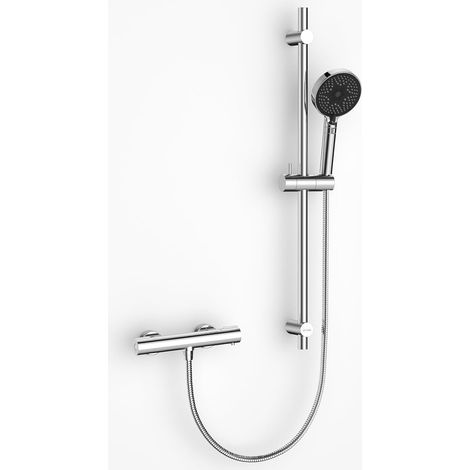 Thermostatic Shower Mixer Tap with Anti-Scald Safety 38°C, Stainless Steel Bar 70 cm, Head 3 Jets, 1.5 m Hose and Adjustable Bracket - Complete Set Chrome (1/5)