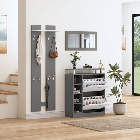 Set guardaroba da ingresso in truciolare grigio/bianco, scarpiera 80 x 25 x 96,5 cm con 2 ripiani regolabili e specchio